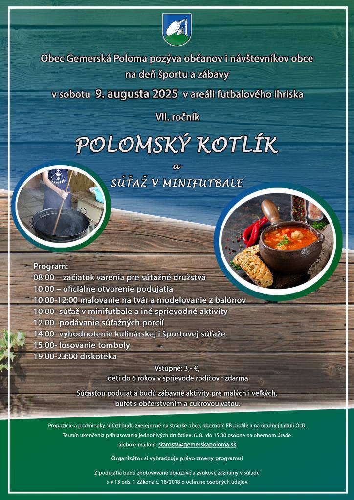 Obec Gemerská Poloma pozýva všetkých na   VII. ročník Polomského kotlíka - dňa zábavy a športu  s pestrým programom.
