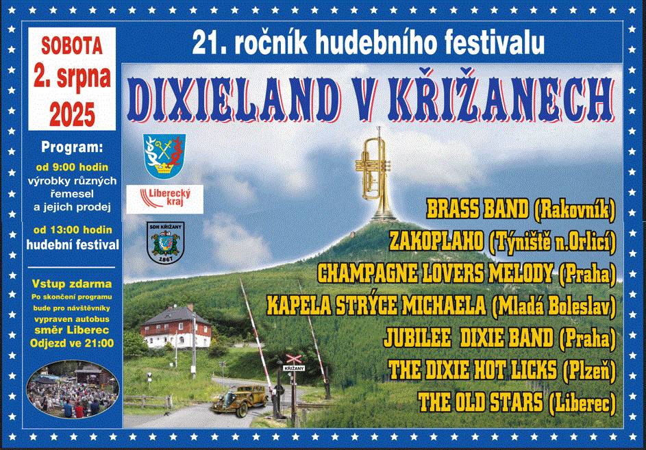 Zveme všechny tuto sobotu 02.08.2025 do přírodního amfiteátru na 21. ročník festivalu DIXIELAND V KŘIŽANECH. Od 9:00 na vás čekají stánky s úžasnými výrobky a s vynikajícím jídlem a pitím a od 13:00 skvělé kapely.