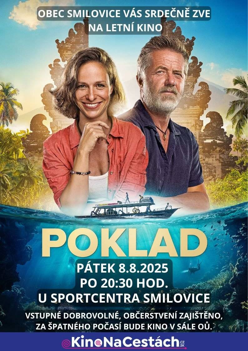 🎬 Letní kino ve Smilovicích 📅 Kdy: 8. srpna 2025 od 20:30 📍 Kde: Areál Sportcentra Smilovice (za nepříznivého počasí se promítání přesouvá do sálu u obecního úřadu) 🎟 Vstupné: dobrovolné 🎞 Promítaný film: POKLAD Přijďte si užít pohodový letní večer pod širým nebem s promítáním filmu Poklad! Těšíme se na vás! 🍿🌙