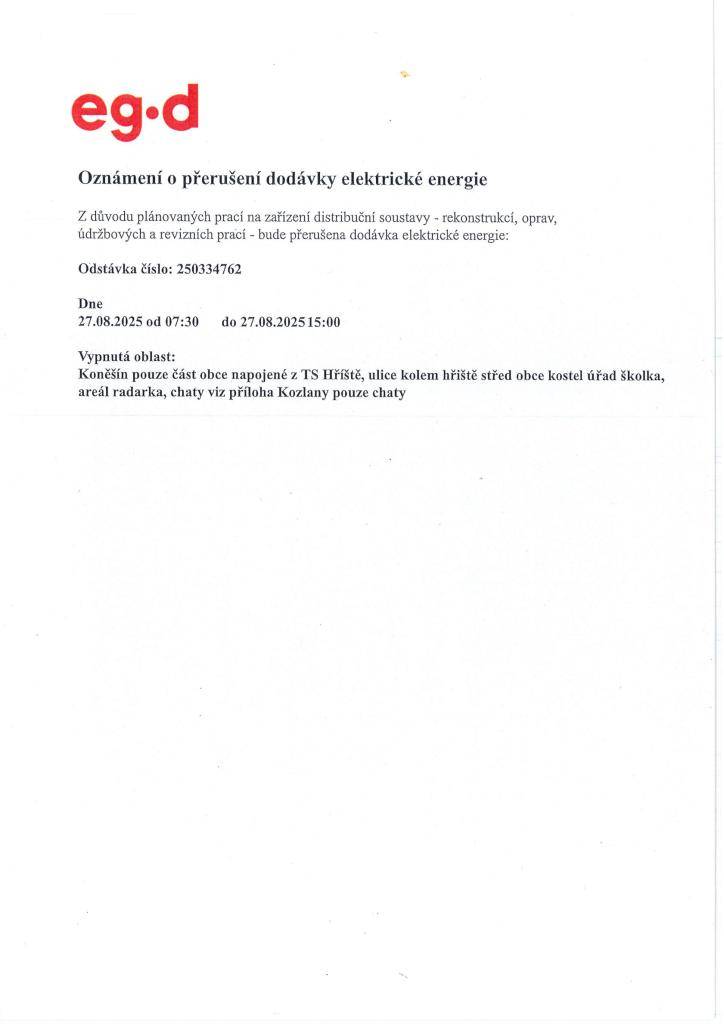 Oznámení o přerušení dodávky elektrické energie - 27. 8. 2025