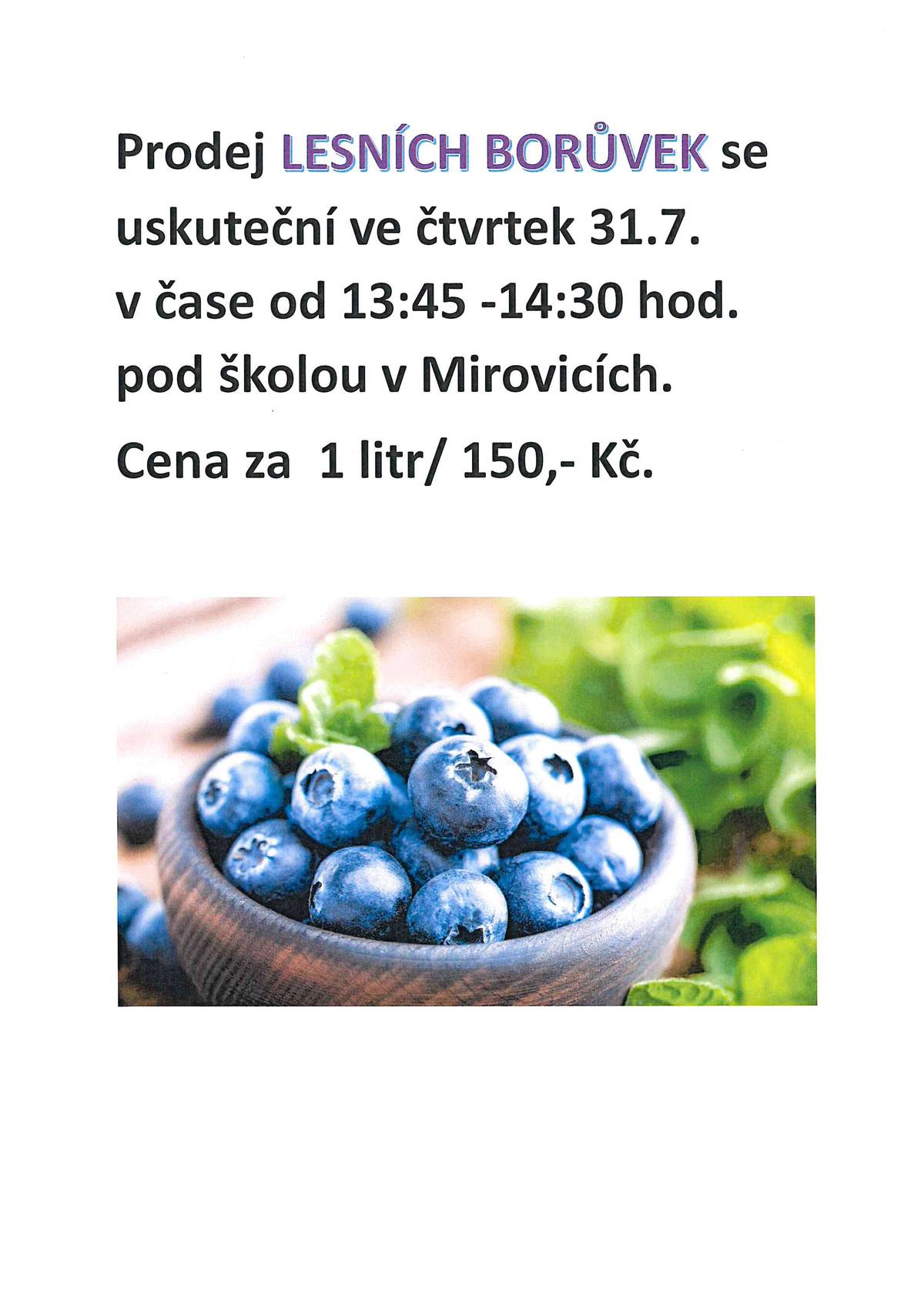 Prodej lesních borůvek se uskuteční ve čtvrtek 31. července od 13:46 - 14:30 pod školou v Mirovicích. Cena za 1 litr/ 150,- Kč.