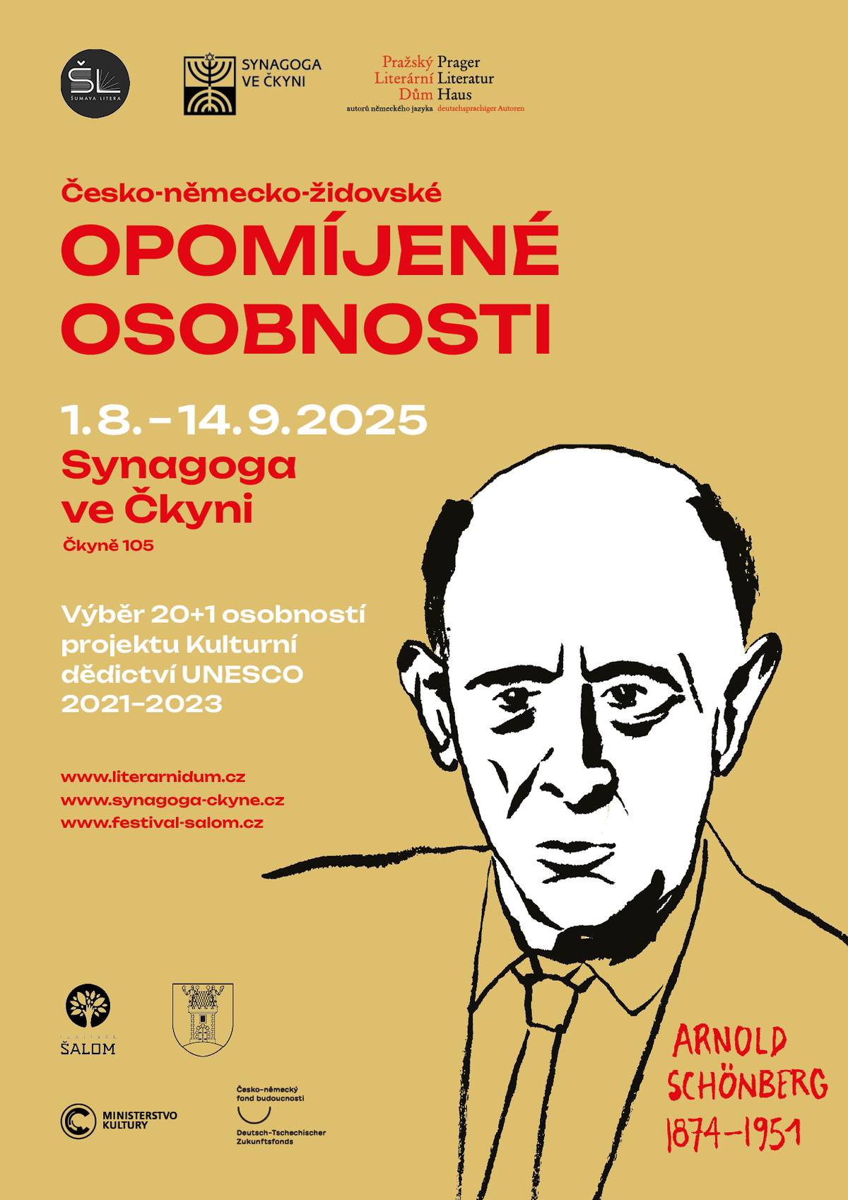 Ve dnech 01.08. až 14.09.2025 se koná v naší synagoze výstava s názvem Česko-německo-židovské opomíjené osobnosti. Výstava je součástí výběru 20+1 osobností projektu Kulturní dědictví Unesco 2021-2023. Všichni jsou zváni.