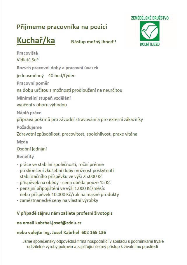 ZD Dolní Újezd - nabídka pracovního místa - kuchař/ka