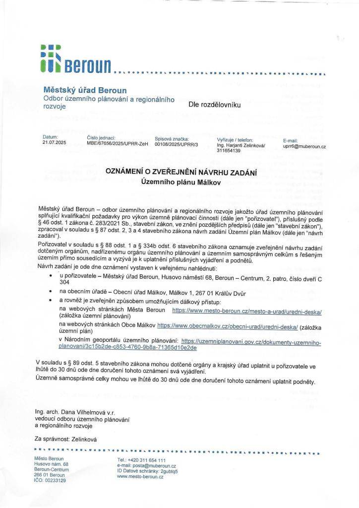 Oznámení o zveřejnění návrhu zadání ÚP Málkov