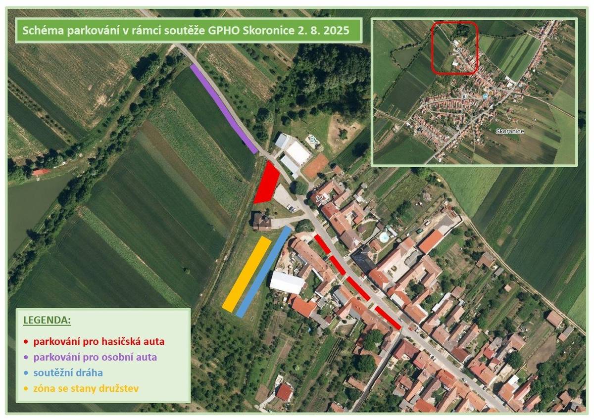 Obec Skoronice žádá občany, aby za účelem hladkého průběhu hasičské soutěže v požárním útoku, která se v naší obci uskuteční v sobotu 2. sprna 2025, neparkovali svá vozidla na parkovišti u hasičské zbrojnice a na místní komunikaci v ulici Dědina v úseku od č.p. 85 po č.p. 44. Parkoviště u hasičské zbrojnice je třeba vyklidit nejpozději v pátek 1. sprna do 08:00 hod. ráno, místní komunikaci v ulici Dědina pak nejpozději v sobotu 2. sprna do 12:00 hod. Schéma parkování účastníků i návštěvníků soutěže je zakresleno v přiložené schematické mapce. Děkujeme všem za pochopení a spolupráci!