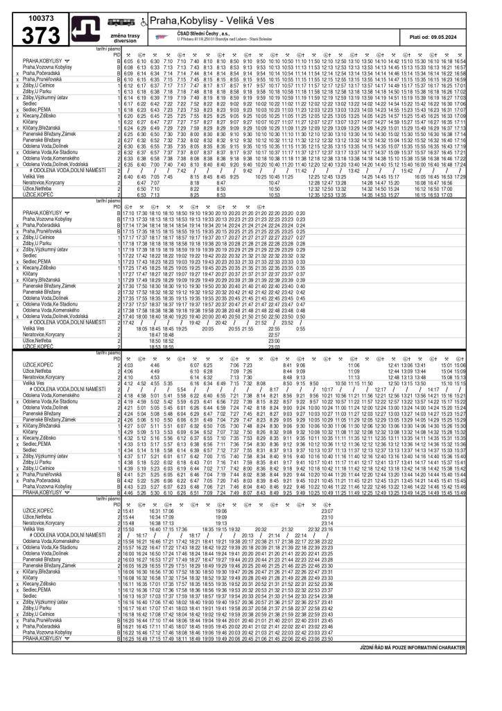 Spoje budou v úseku Odolena Voda, Komenského – Veliká Ves obousměrně odkloněny ulicí K Lomu. Zastávka Odolena Voda, Dolní náměstí bude pro tyto linky po dobu výluky zrušena (vyjma spojů linky 373 zde končících či pokračujících jako linka 372).
