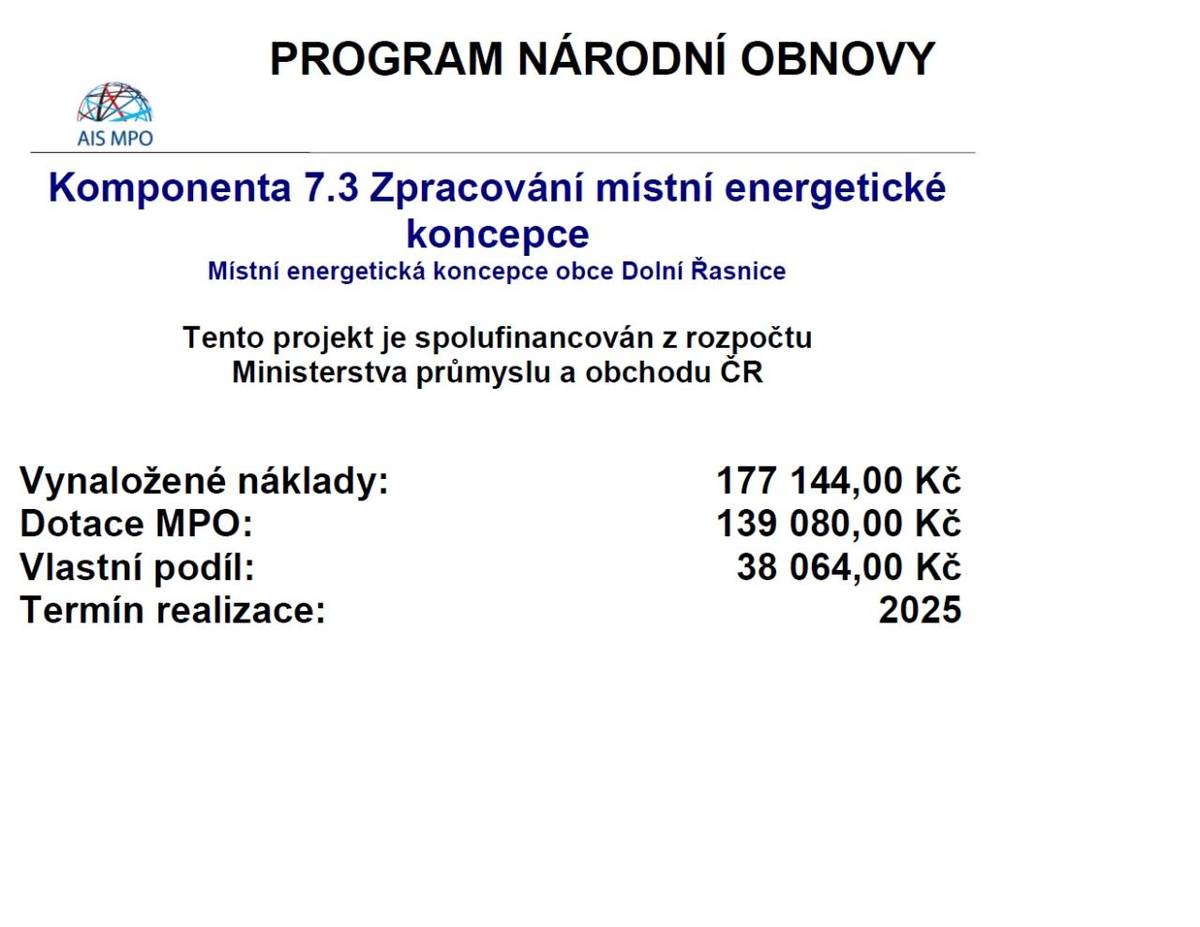 V březnu 2025 byl realizován projekt na vytvoření Místní energetické koncepce pro obec Dolní Řasnice, který získal podporu Ministerstva průmyslu a obchodu. Tato koncepce se zaměřuje na udržitelnost a efektivitu energetických zdrojů v naší obci.