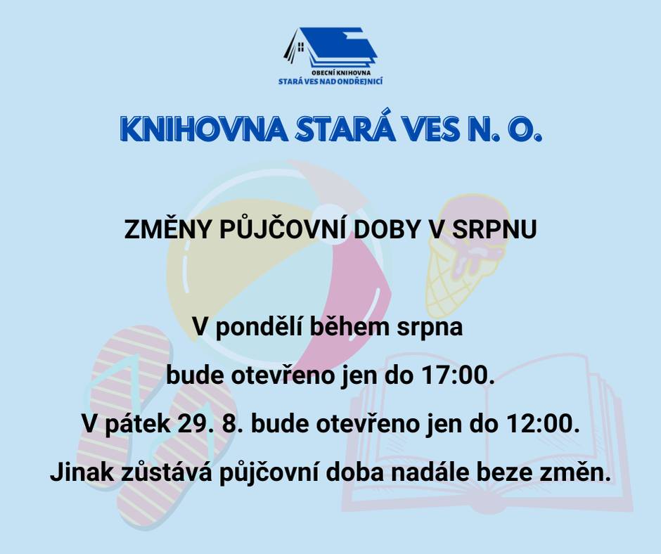 Prázdninová půjčovní doba v srpnu: Srpnové pondělky jen do 17:00, pátek 29. 8. jen do 12:00. Jinak půjčovní doba zůstává beze změn.