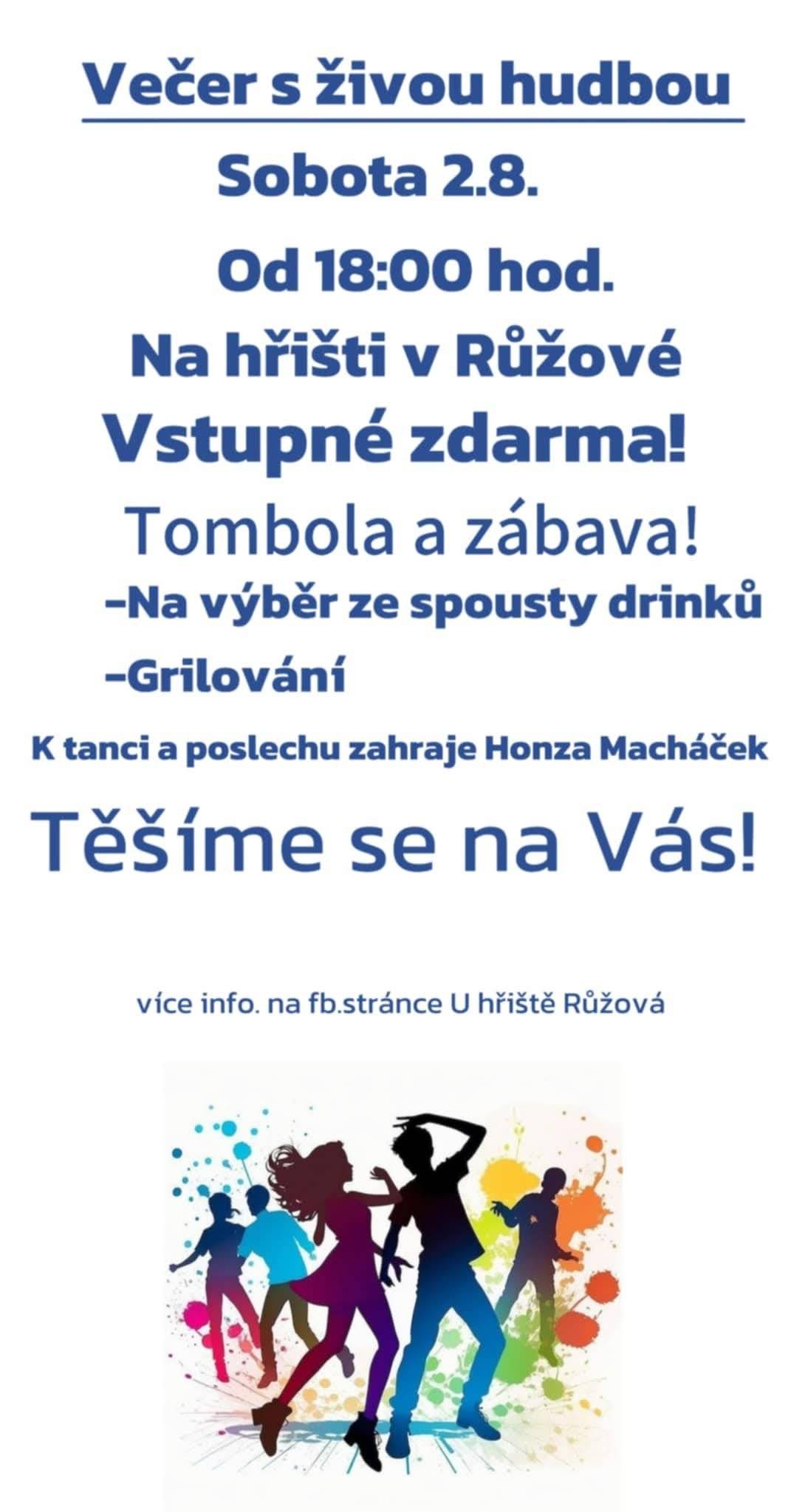 Přijďte si užít večer s živou hudbou od Honzy Macháčka na hřišti v Růžové. Těšit se můžete na tombolu, grilování a širokou nabídku drinků.