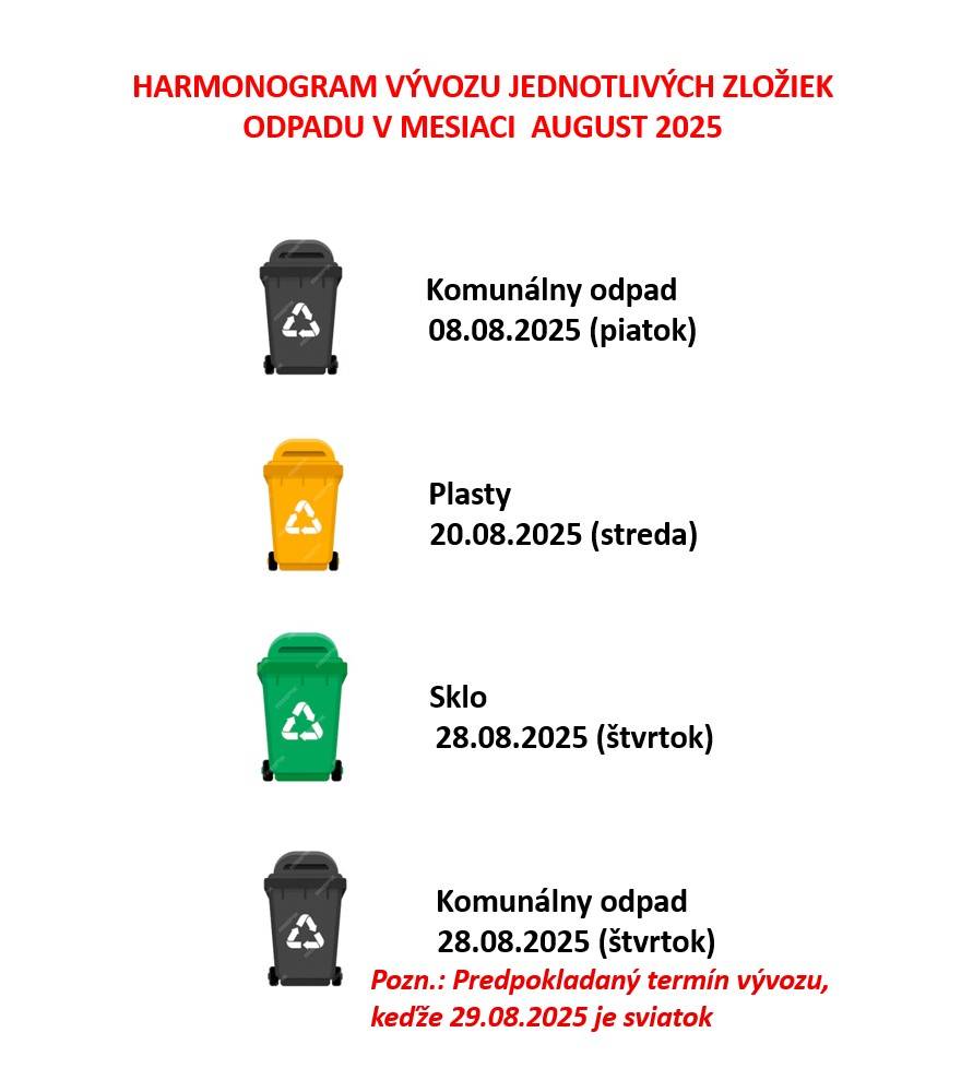 Zverejňujeme Harmonogram vývozu jednotlivých zložiek odpadu v mesiaci AUGUST 2025:  - 08.08.2025 (piatok) Komunálny odpad  - 20.08.2025 (streda) Plasty  - 28.08.2025 (štvrtok) Sklo  - 28.08.2025 (piatok) Komunálny odpad                Pozn.: Predpokladaný termín vývozu KO, keďže 29.08.2025 je sviato