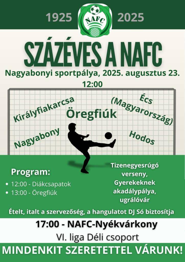 dňa 23.8.2025 od 12.00 h na futbalovom ihrisku vo Veľkom Blahove sa bude konať oslava stého výročia založenia futbalového klubu NAFC. Organizátori každého srdečne očakávajú.