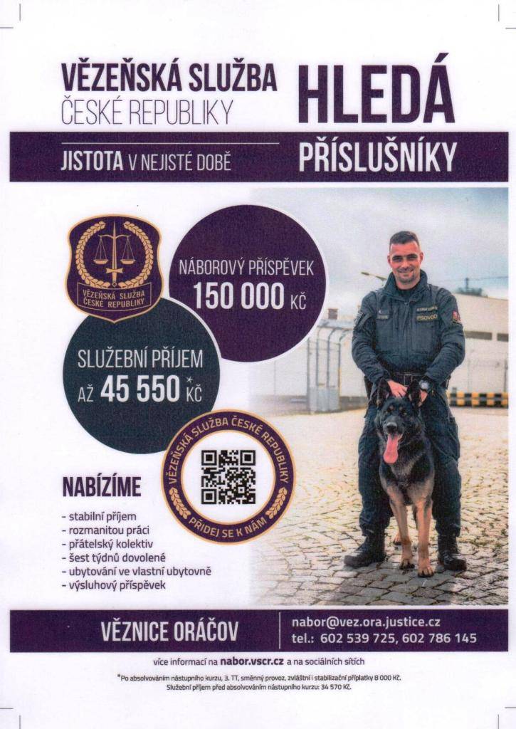 Vězeňská služba České republiky hledá nové příslušníky s stabilním příjmem až 45 050 Kč. Nabízíme rozmanitou práci, přátelský kolektiv, šest týdnů dovolené a další benefity.