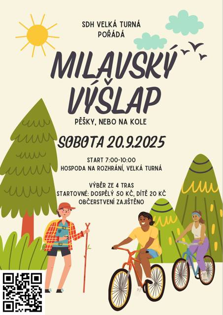 V sobotu 20. září 2025 se koná Milavský výšlap, který pořádá SDH Velká Turná. Akce nabízí možnost výběru ze čtyř tras a startuje mezi 7:00 a 10:00 hod. s výběrem startovného 50 Kč pro dospělé a 20 Kč pro děti.