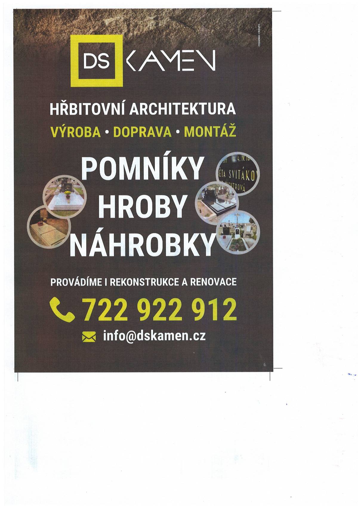 Vážení občané, v pondělí 4.8.2025 ve 12,30 hod navštíví hřbitov v Mezilesí kameníci z firmy DS kamen ( tel: 722906070). Budou poskytovat bezplatné konzultace a přijímat objednávky na opravy hrobů včetně zlacení a přípisů.