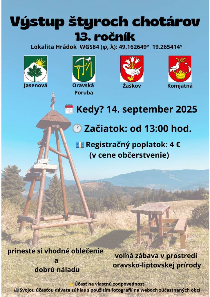 13. ročník Výstupu štyroch chotárov, ktorý sa začne o 13:00 a ponúkne voľnú zábavu v krásnej oravsko-liptovskej prírode. Registračný poplatok je 4 € a zahŕňa občerstvenie.