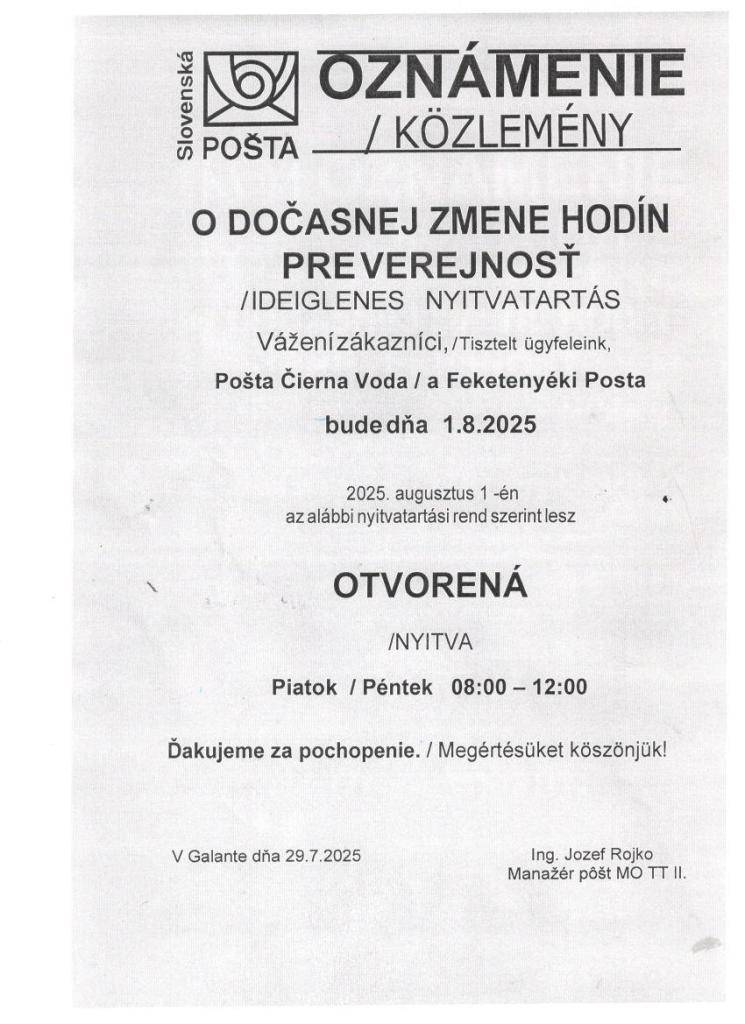 Oznámenie     Értesítés