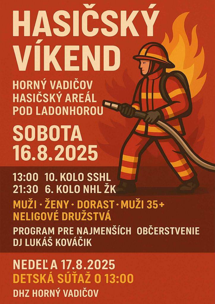 DHZ Horný Vadičov Vás srdečne pozývajú na Hasičský víkend:   v sobotu 16.08.2025 - muži, ženy, dorast, muži 35+, neligové družstvá a   v nedeľu 17.08.2025 detská súťaž o 13:00 hod.