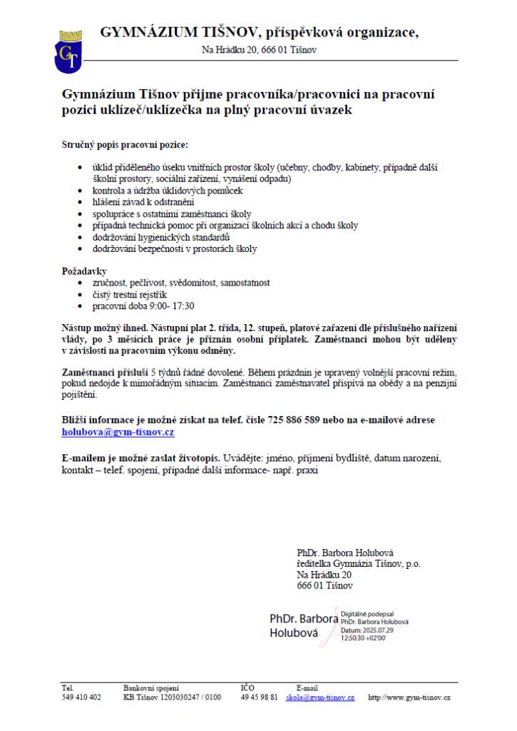 Městský úřad Tišnov - referent Odboru územního plánování  Gymnázium Tišnov - uklízeč/uklízečka školních prostor