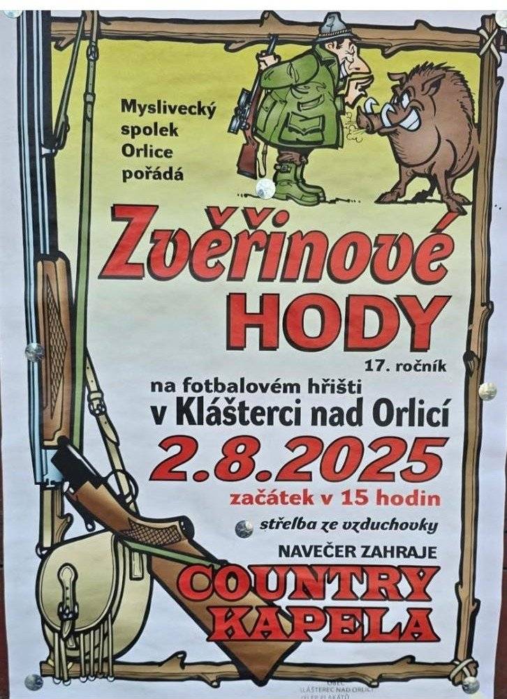 Pozvání na zvěřinové hody v Klášterci nad Orlicí tuto sobotu 2. 8. 2025 od 15:00 hodin.