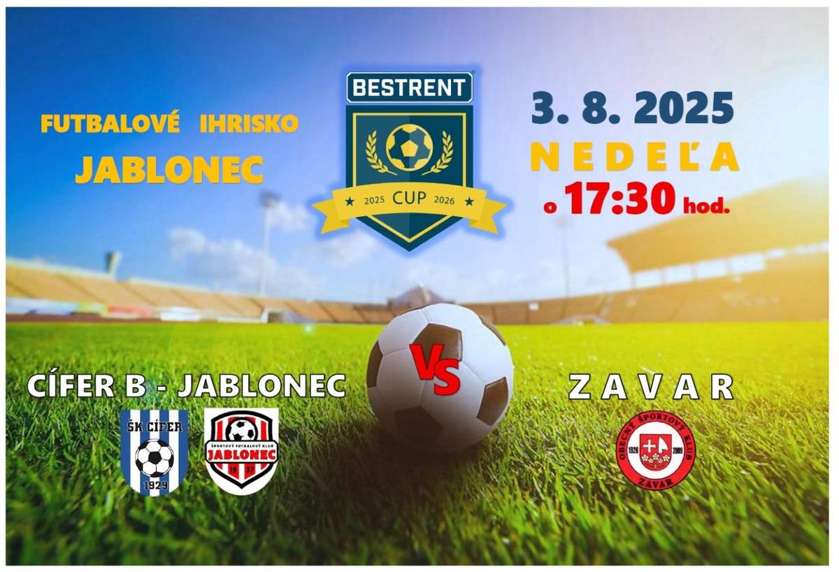 Obec Jablonec pozýva všetkých priaznivcov futbalu na futbalový zápas, ktorý sa uskutoční v nedeľu 3. augusta 2025 o 17:30 hod. na futbalovom ihrisku v Jablonci.  Sily si zmerajú mužstvá Cífer B – Jablonec a Zavar.  Príďte povzbudiť našich futbalistov a užiť si športové popoludnie!
