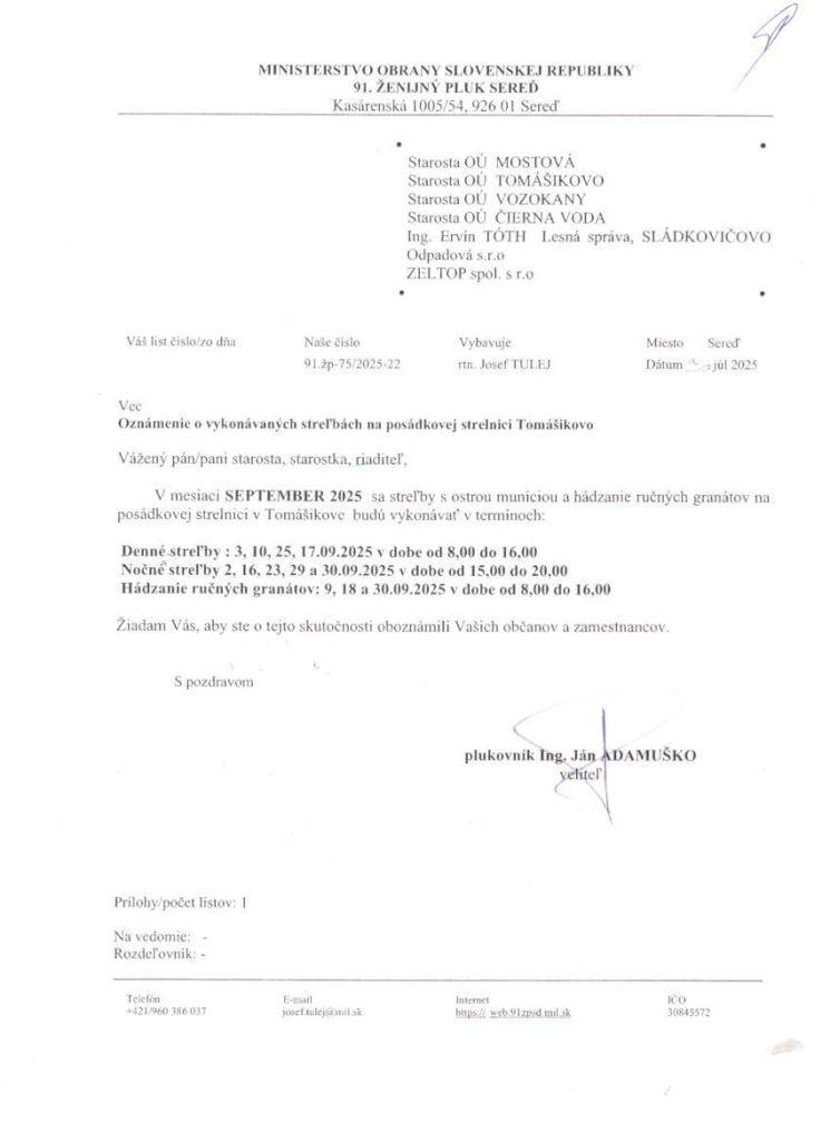 Oznámenie o vykonaní výcviku na strelnici v Tomášikove     Értesítés a tallósi lőtéren tartandó edzésről