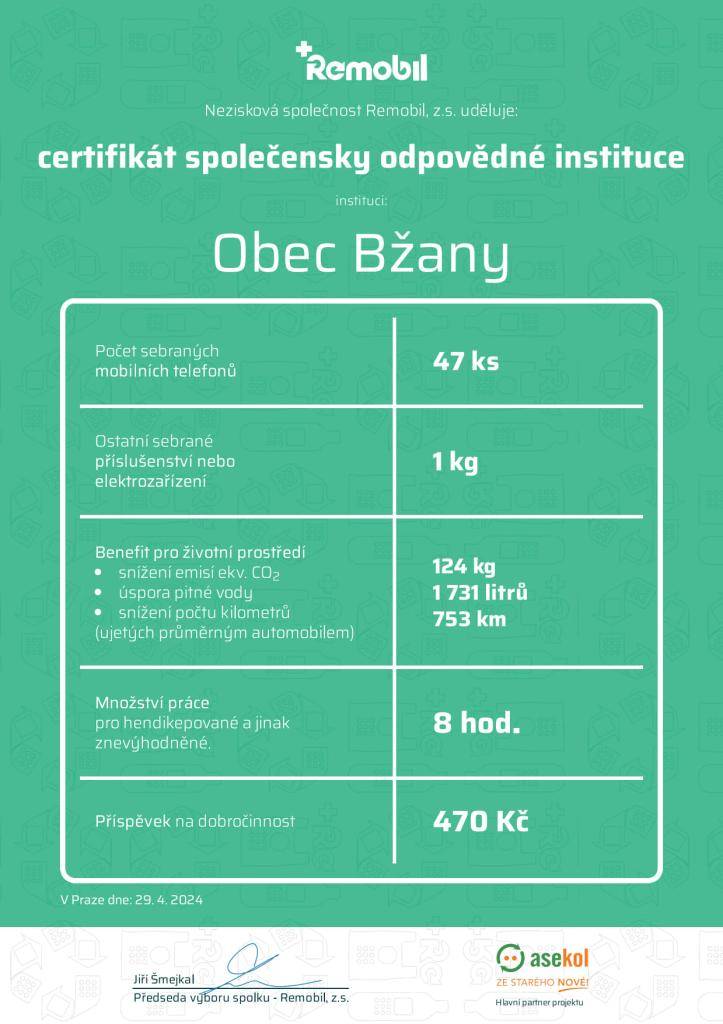 Děkujeme za  účast ve sběru nepotřebných mobilních telefonů a pomoc přírodě i charitě. I nadále je možné odevzdávat nepotřebné mobilní telefony na obecní úřad do připraveného boxu.