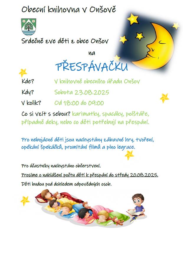 Přespávačka pro děti v obecní knihovně sobota 23.08.2025.