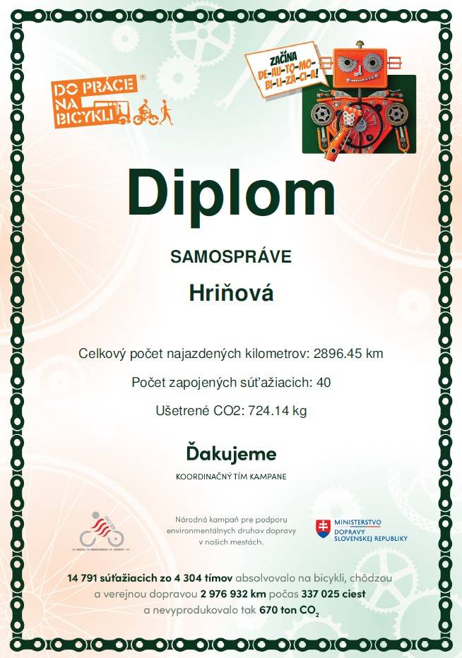 Srdečne blahoželáme všetkým víťazom a ďakujeme každému jednému účastníkovi kampane "Do práce na bicykli" v Hriňovej!