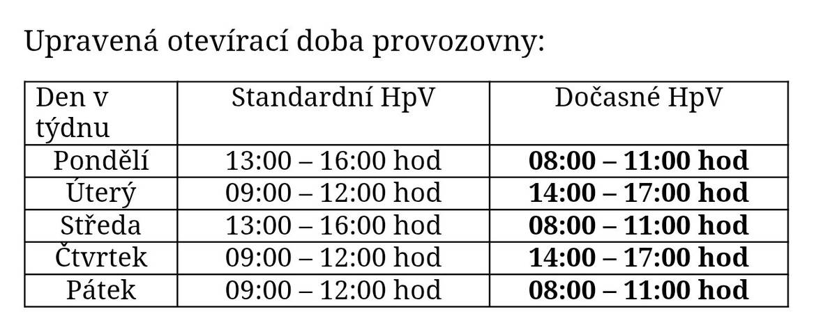 Dovolujeme si Vás informovat o dočasné změně hodin pro veřejnost provozovny Hřensko, Hřensko 71, 40717. Rozsah hodin pro veřejnost bude omezen na nezbytně nutnou dobu ve dnech 4. – 18.8.2025 z provozních důvodů.