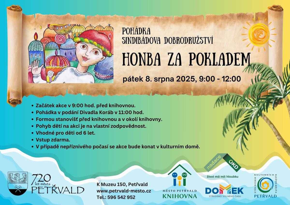 Zveme všechny děti a rodiče na prázdninové dopoledne, v pátek 8. srpna, v čase 9:00 – 12:00 hod. Začátek akce v 9:00 hod. před knihovnou. Pohádka v podání Divadla Koráb v 11:00 hod.