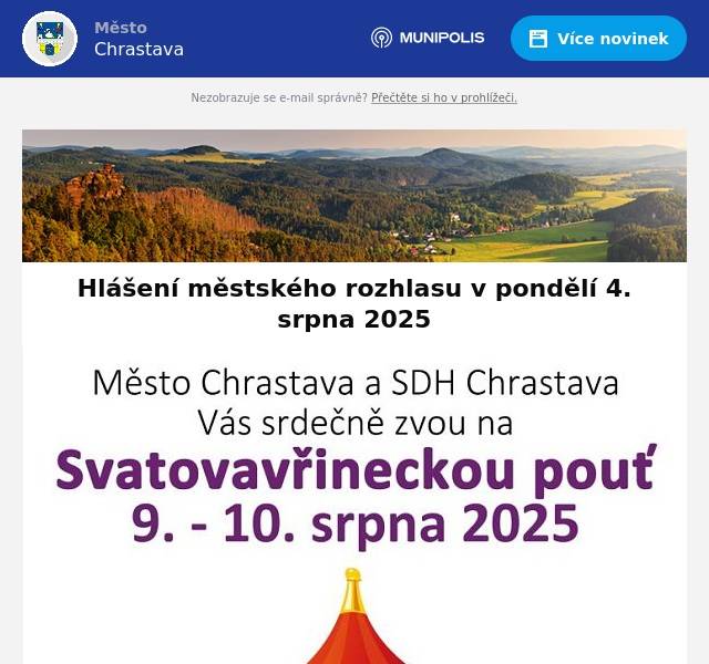 ČEZ informují o plánované odstávce elektrické energie dne 5. 8. 2025 od 7:30 do 14:00 hodin v části Andělské Hory, č. p. 54, 55, 57, 58, 59, 61, 66, 68, 99; č. ev. 3; v části ulic Andělohorská, č. p. 77, 203-207, 292, 293, 353, 357, 358, 359, 363, 369, 380, 403, 410, 415, 416, 417, 428, 454, 455, 456, 459, 493, 494, 495, 502, 504, 538, 569; U Nisy č. p. 178, parc. č. 320/6; Ještědská č. p. 282, 284 285, 302, 333, 345, 346, 500, 591-596; Na Hůrce č. p. 589, 590; parc. č. 39/2. Více informací na webu města nebo tel. čísle 800 850 860.