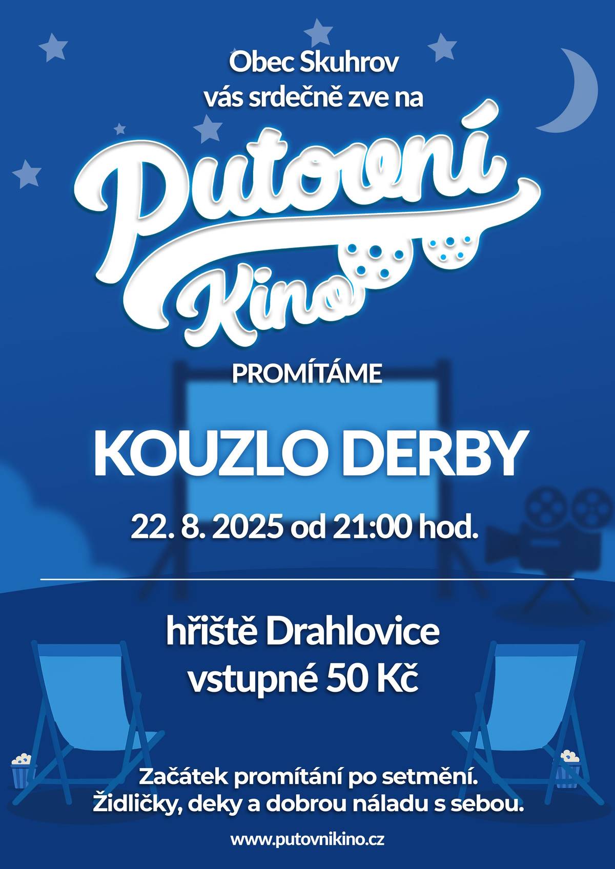 Vážení občané, srdečně vás zveme na letní promítání české komedie Kouzlo derby, které se uskuteční v pátek 22. srpna 2025 od 21:00 na hřišti v Drahlovicích. Přijďte si užít pohodový večer. Těšíme se na vás!