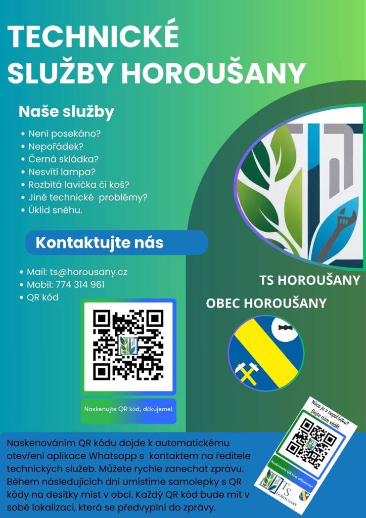 Technické služby obce Horoušany zahájily činnost 1. srpna 2025. Kontakty na ředitele technických služeb Lukáše Berana jsou uvedeny v přiloženém letáku.