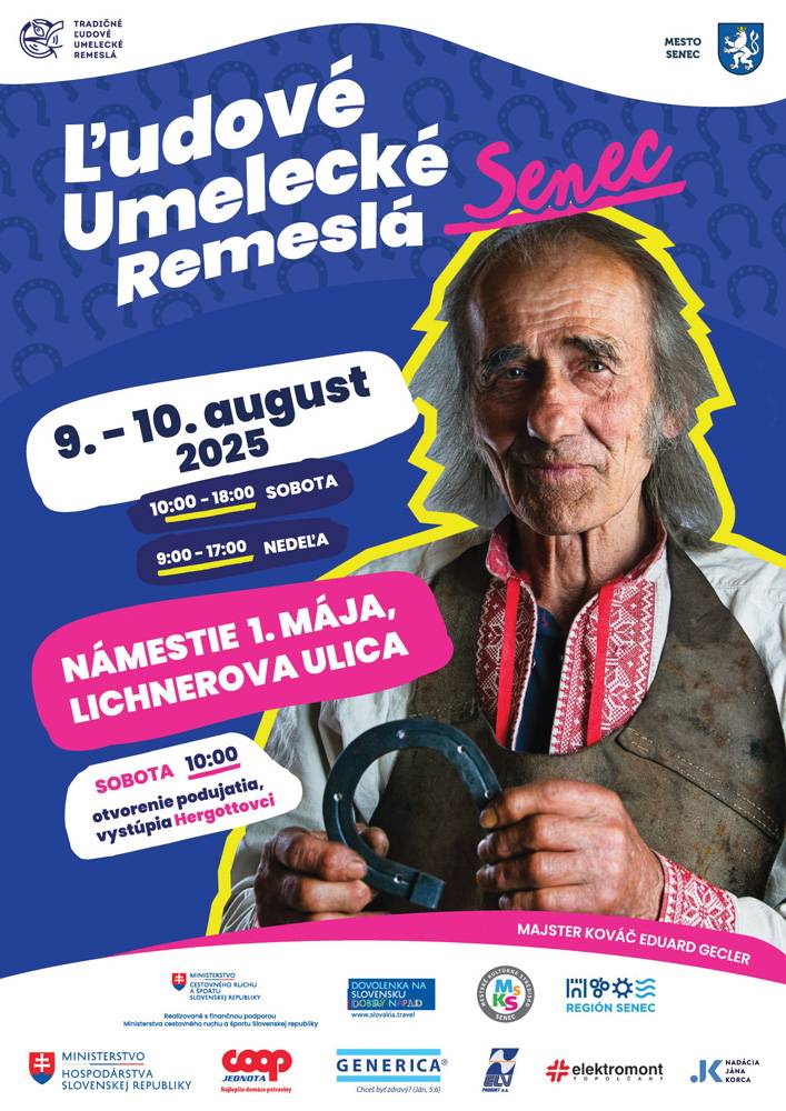 Mesto Senec Vás srdečne pozýva na podujatie Ľudové umelecké remeslá, ktoré sa uskutoční v dňoch 9. - 10. 8. 2025 na nám. 1. Mája a na Lichnerovej ulici. Predstaví sa Vám 110 ľudových remeselníkov zo Slovenska a zahraničia.