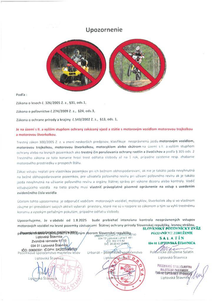 Od 1.8.2025 bude prebiehať intenzívna kontrola neoprávnených vstupov motorových vozidiel na lesné pozemky zástupcami Štátnej ochrany prírody SR, lesnou strážou, poľovnou strážou v spolupráci s Policajným zborom SR.