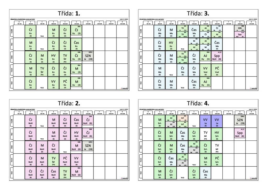 Rozvrhy jednotlivých tříd na nový školní rok.
