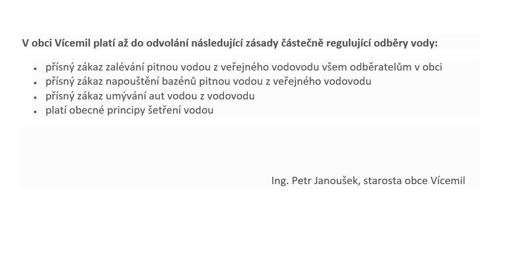 Vážení přátelé, prosím Vás o šetření s pitnou vodou.   Moc Vám děkuji.   Váš starosta
