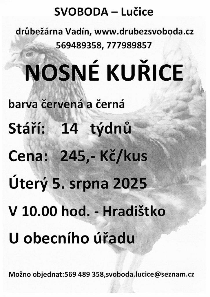 Firma Svoboda Lučice bude prodávat  v úterý 5. srpna 2025 v 10.00 hodin u OÚ                 nosné kuřice, stáří 14 týdnů, cena 245,- Kč/kus.  Objednání je možné na  tel. 569 489 358 nebo emailem svoboda.lucice@seznam.cz