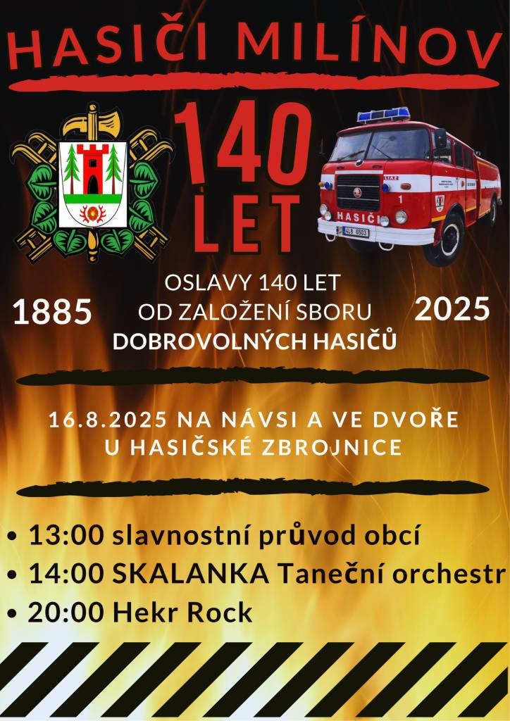OSLAVY 140 LET OD ZALOŽENÍ SBORU DOBROVOLNÝCH HASIČŮ MILÍNOV dne 16.srpna 2025 od 13:00 hodin.