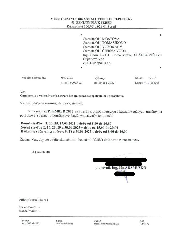Oznámenie o vykonaní výcviku na strelnici v Tomášikove - streľby s ostrou muníciou  a hádzanie ručných granátov