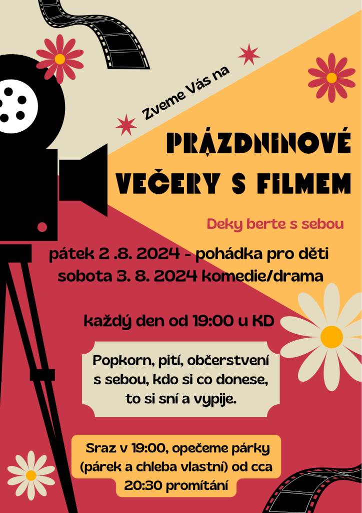 V pátek 1. srpna a v sobotu 2. srpna 2025 se uskuteční promítání filmů pro širokou veřejnost. Zveme všechny milovníky kinematografie na příjemné chvíle u kvalitních snímků.