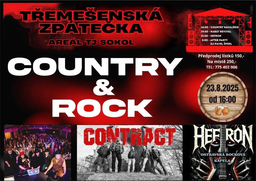 🎶 Třemešenská Zpátečka 2025 🎶 Historický spolek Třemešná ve spolupráci s obcí Třemešná Vás srdečně zve na hudební minifestival!   📅 Sobota 23. srpna 2025 🕒 Od 15:00 hodin 📍 Areál TJ Sokol, Třemešná   🎸 Vystoupí:   Country Kavalérie   Kabát revival   Rocková kapela Heffron   🍻 Občerstvení zajištěno! 🎟 Vstupné: Předprodej: 150 Kč (rezervace na tel. 775 402 006) Na místě: 250 Kč   Přijďte si užít pohodové odpole dne plné skvělé hudby! 🎵