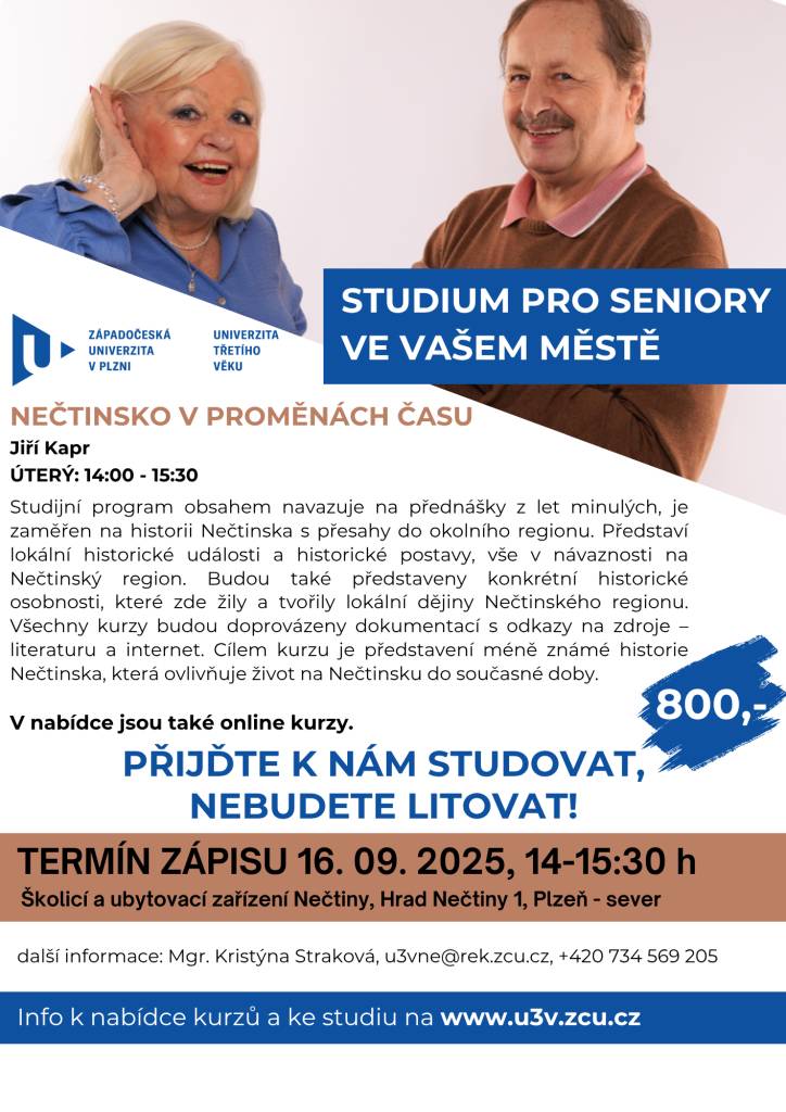 Západočeská univerzita v Plzni nabízí studijní program pro seniory zaměřený na historii Nečtinska. Připojte se k nám a objevte méně známé historické události a postavy regionu.