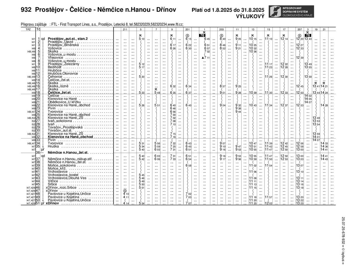 jízdní řád je dotčený uzavírkou mezi obcemi Výšovice a Vřesovice, uzavírkou ul. Újezd v Prostějově a uzavírkou v obci Čelčice