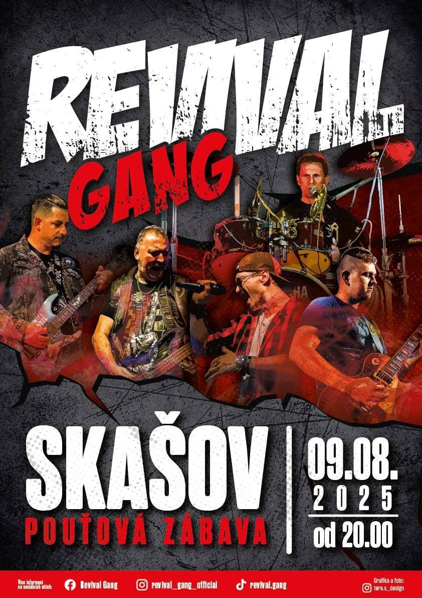 Při příležitosti naší pouti Vás zveme na koncert kapely REVIVAL GANG na koupaliště dne 9.8.2025 od 20 hod.