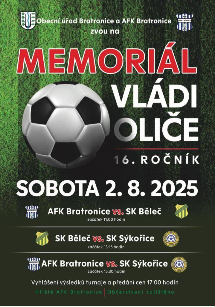 V sobotu 2. srpna 2025 se koná 16. ročník fotbalového turnaje, kde se utkají týmy AFK Bratronice, SK Běleč a SK Sýkořice. Akce začíná v 11:00 hodin a vyhlášení výsledků proběhne v 17:00 hodin.