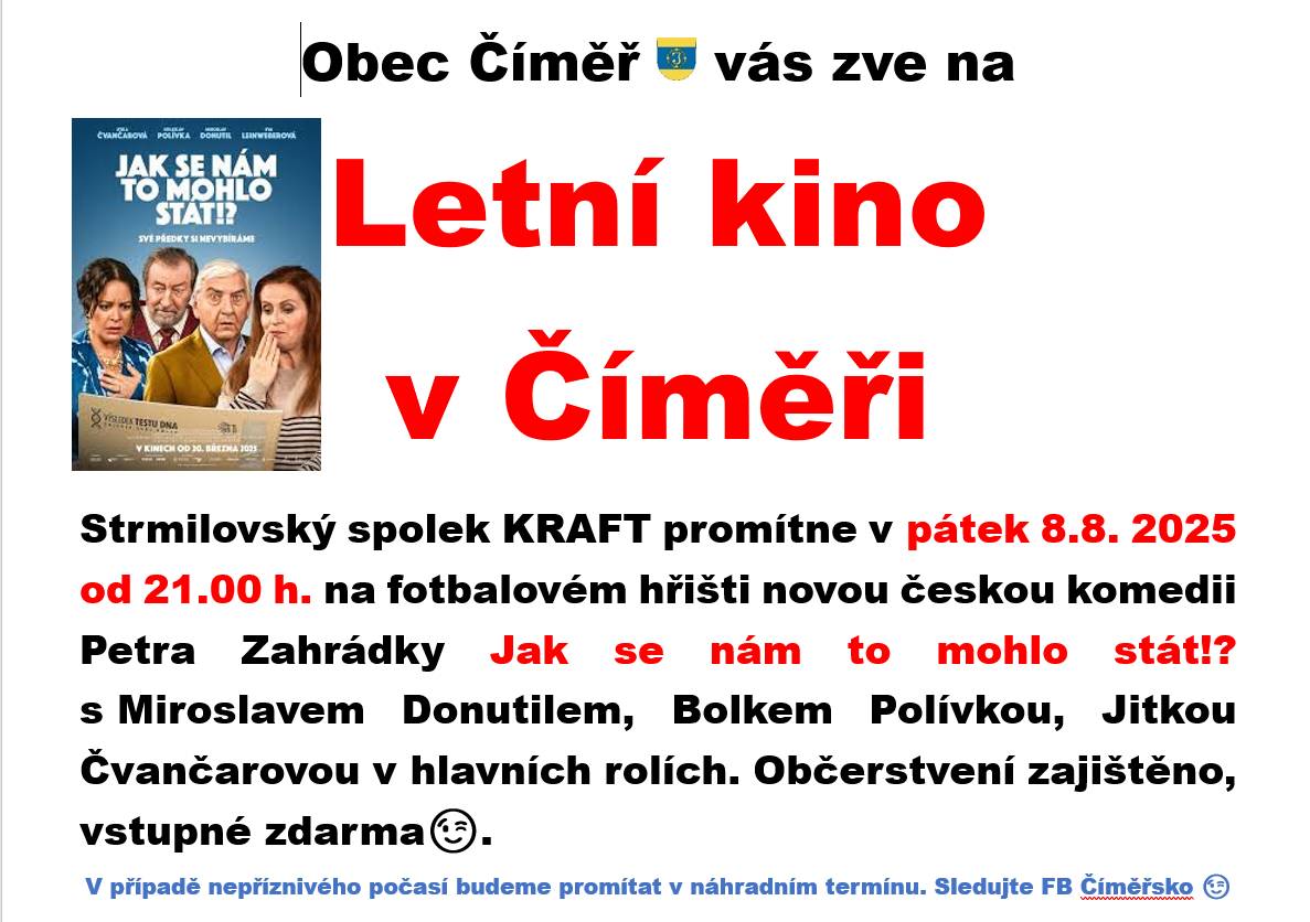 V pátek 8. srpna 2025 od 21:00 hod, Vás srdečně zveme na fotbalové hřiště v Číměři, kde se bude promítat česká komedie - Jak se nám to mohlo stát?   Občerstvení zajištěno, vstupné zdarma :-)  V případě nepříznivého počasí budeme promítat v náhradním termínu.