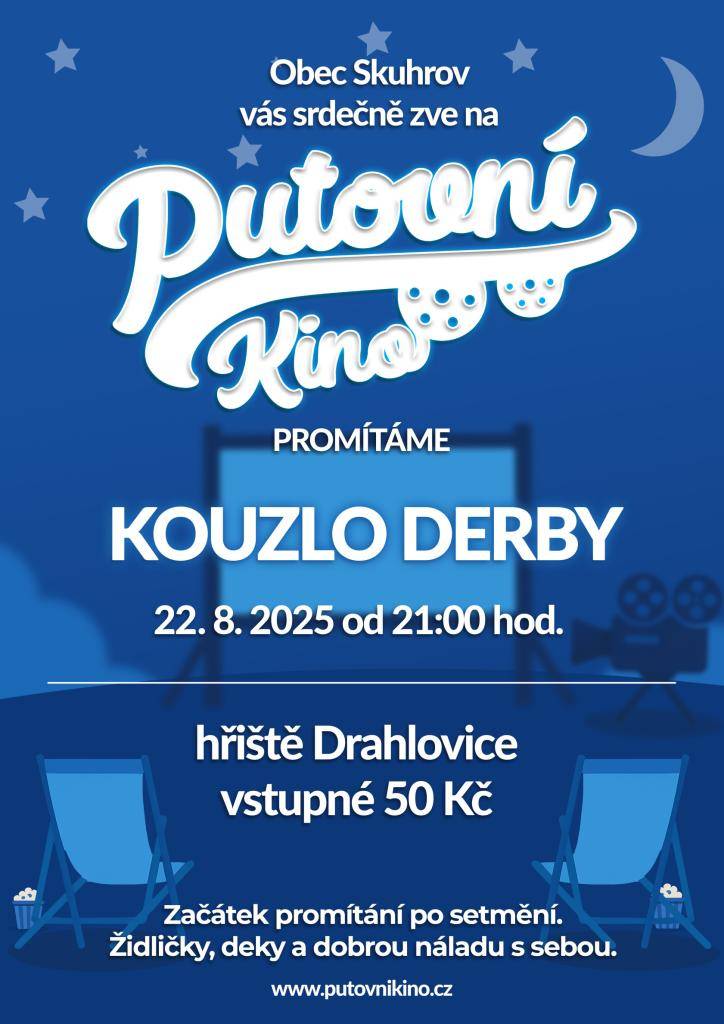 Vážení občané,  srdečně vás zveme na letní promítání české komedie Kouzlo derby, které se uskuteční v pátek 22. srpna 2025 od 21:00 na hřišti v Drahlovicích.  Přijďte si užít pohodový večer.   Těšíme se na vás!