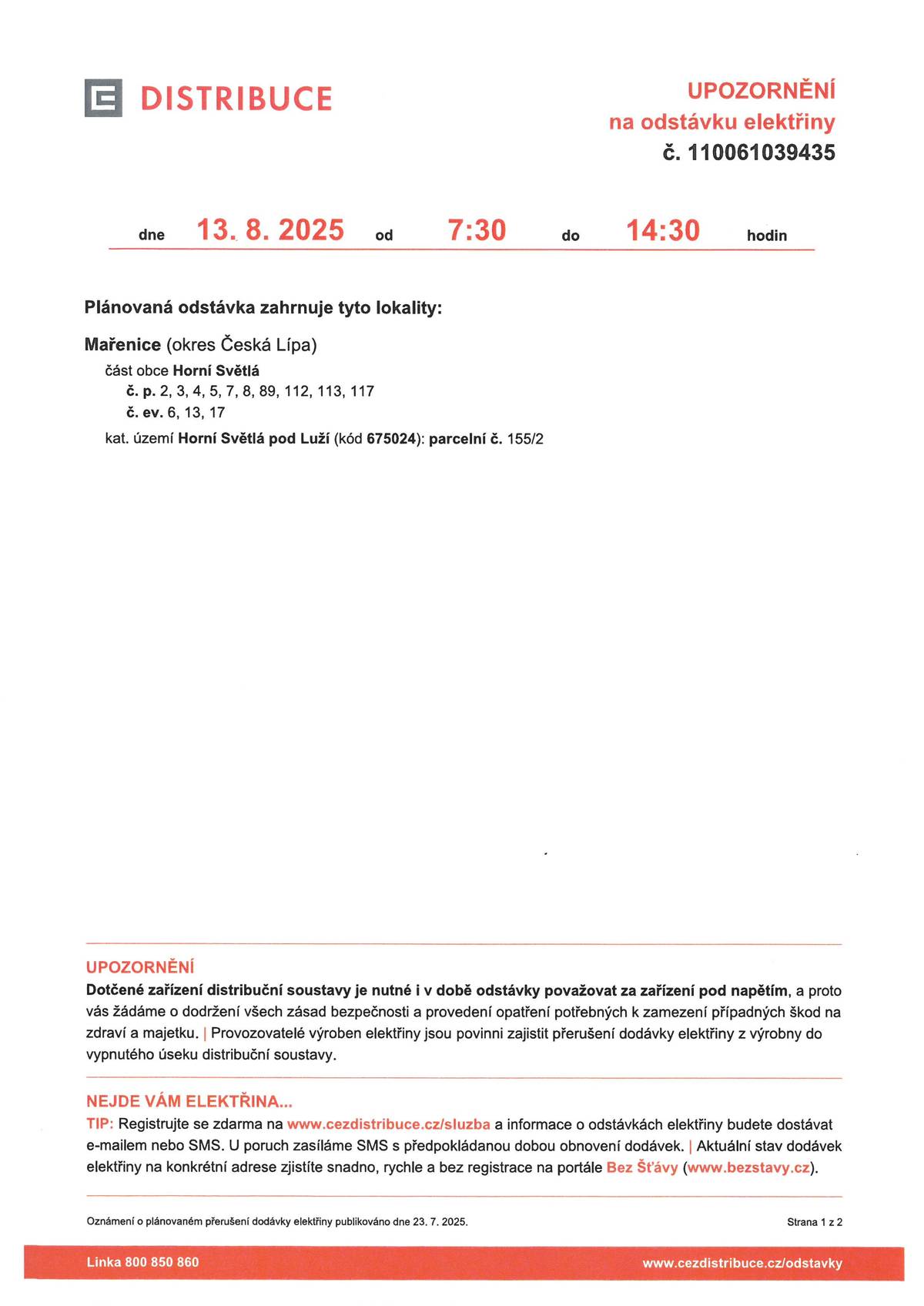 Horní Světlá info. dle letáku