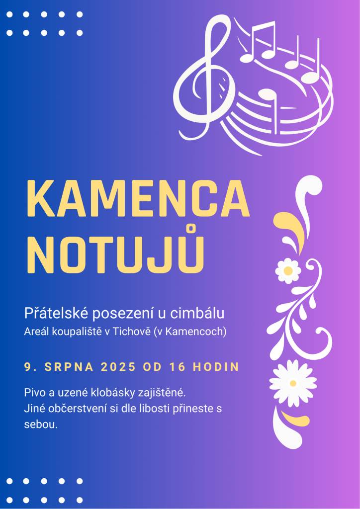 Tuto sobotu 9. srpna se v areálu koupaliště v Kamencoch uskuteční přátelské posezení u cimbálu. K tanci i poslechu zahrají muzikanti z Cimbálovky Mirka Urubka z Lužné. Začátek akce je v 16 hodin, vstupné je dobrovolné. Pivo a klobásky budou zajištěny, můžete si s sebou přinést i vlastní občerstvení.